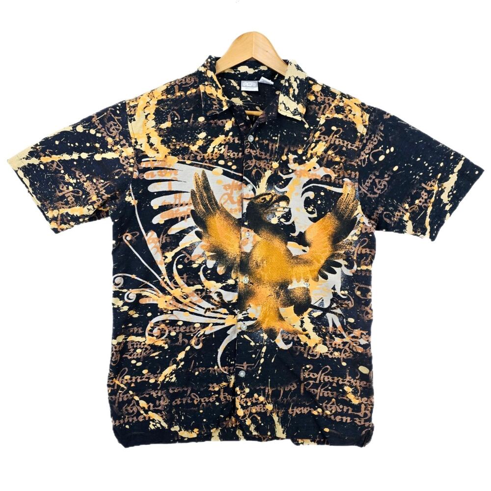 Vintage Utility Hawaiian Camp Shirt Mens Medium Abstract Eagle Y2K Grunge Aop